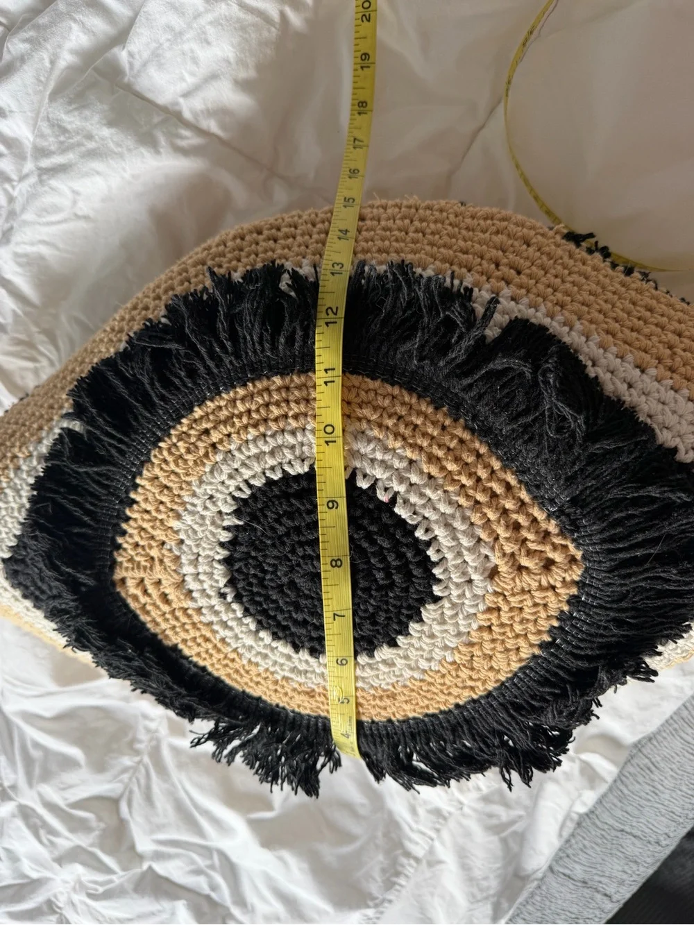 Handwoven Round Fringe Pillow Cover in Black, Cream & Tan